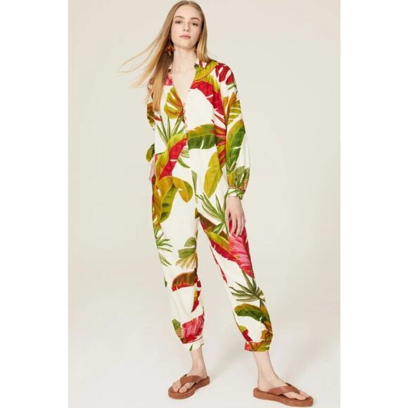 FARM Rio Pants - B39 Farm Rio Spring Forest Jumpsuit Womens XS Boho Tropical Vacation Resort